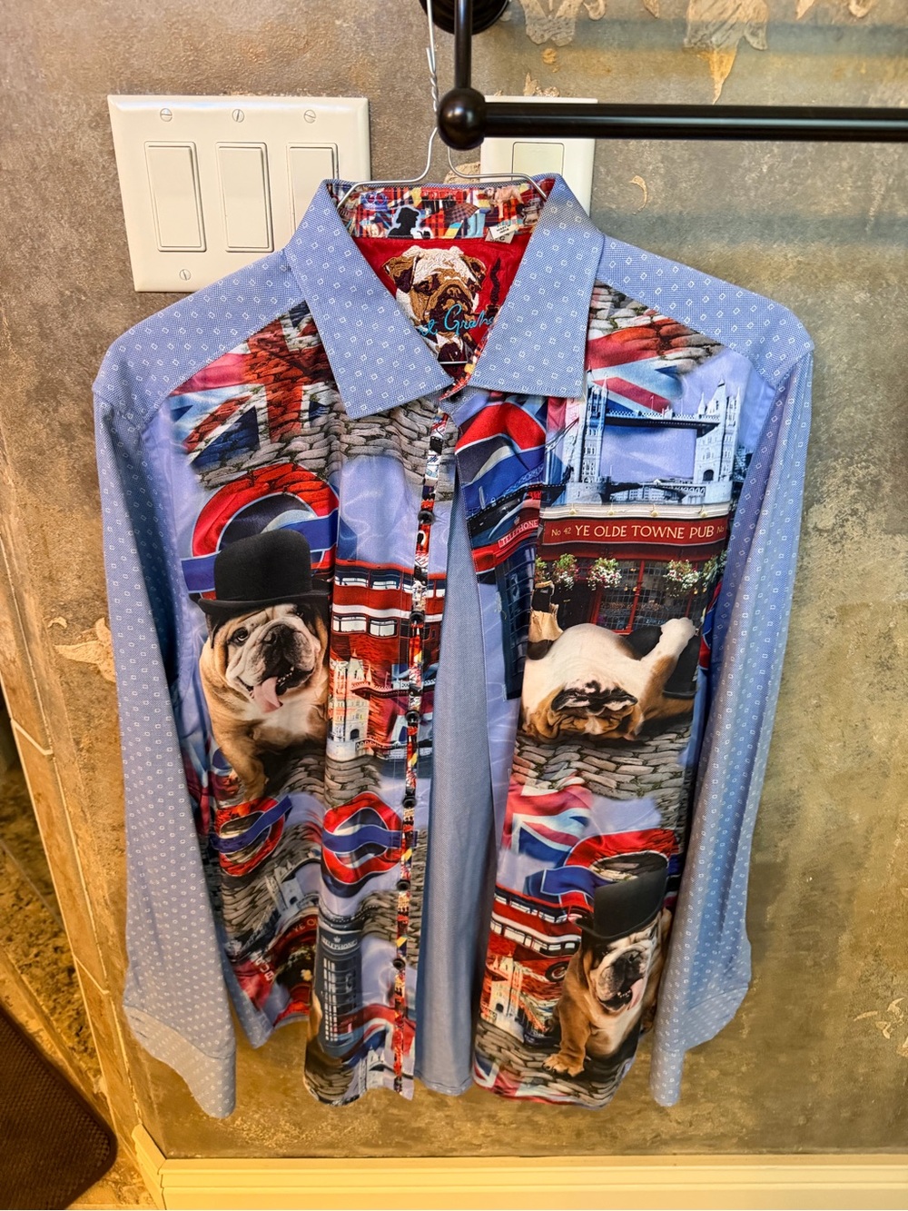 Robert Graham Light Blue Button-Down Shirt with Red & Navy London Bulldog Print